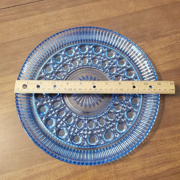 Indiana Glass Blue Windsor Button and Cane Platter 11" - Picture 3 of 3